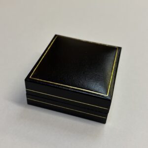 Classic Leatherette Earring box, black with gold trim, white inside.