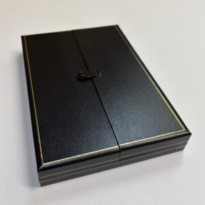 Classic Leatherette Double door Collarette box, Black with gold trim, white inside.